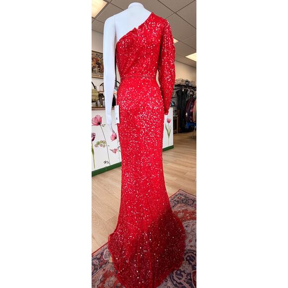 Mac Duggal Size 4 Red one shoulder full bead dress gown - Picture 2 of 3